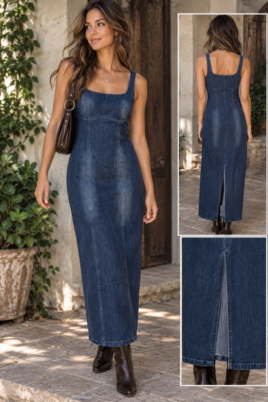 FORE Y2K Denim Maxi Dress Square Neck Fitted Column Dark Wash L 90s Minimalist